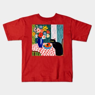 Black Cat in Still Life Painting with Flower Vase Kids T-Shirt